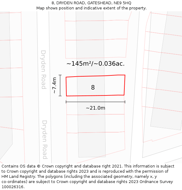 8, DRYDEN ROAD, GATESHEAD, NE9 5HQ: Plot and title map