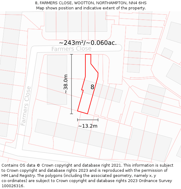 8, FARMERS CLOSE, WOOTTON, NORTHAMPTON, NN4 6HS: Plot and title map