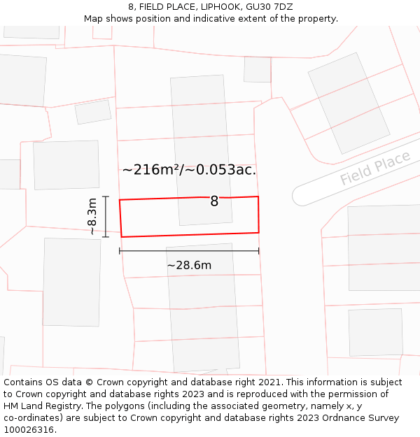 8, FIELD PLACE, LIPHOOK, GU30 7DZ: Plot and title map