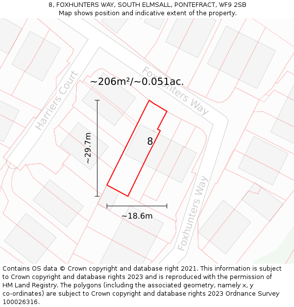 8, FOXHUNTERS WAY, SOUTH ELMSALL, PONTEFRACT, WF9 2SB: Plot and title map