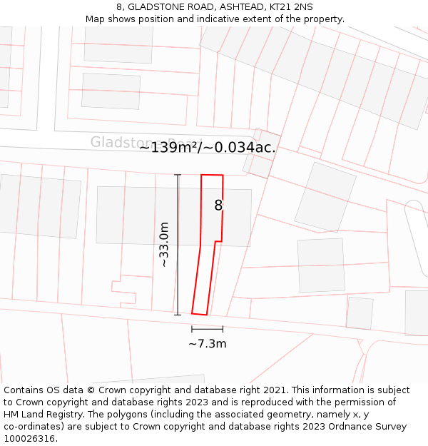 8, GLADSTONE ROAD, ASHTEAD, KT21 2NS: Plot and title map