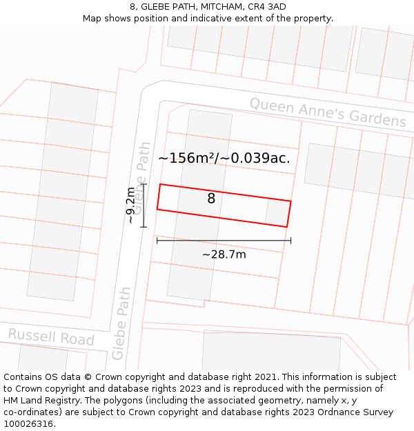 8, GLEBE PATH, MITCHAM, CR4 3AD: Plot and title map