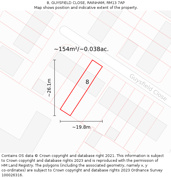 8, GUYSFIELD CLOSE, RAINHAM, RM13 7AP: Plot and title map