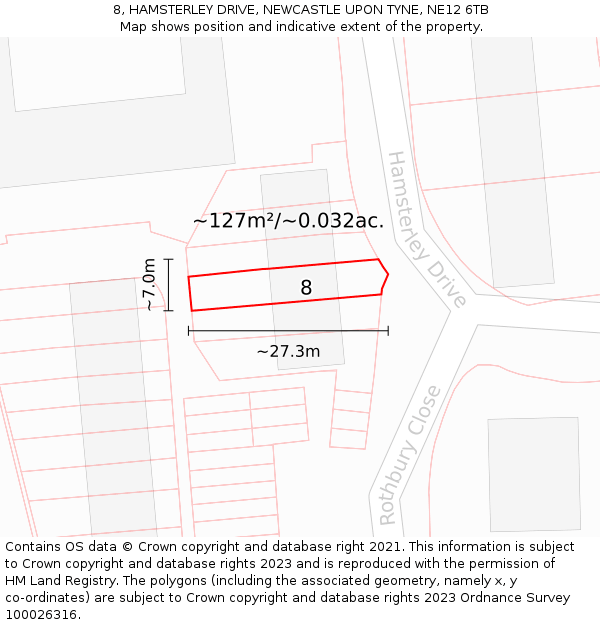 8, HAMSTERLEY DRIVE, NEWCASTLE UPON TYNE, NE12 6TB: Plot and title map
