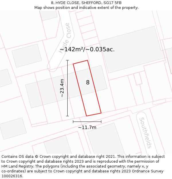 8, HYDE CLOSE, SHEFFORD, SG17 5FB: Plot and title map