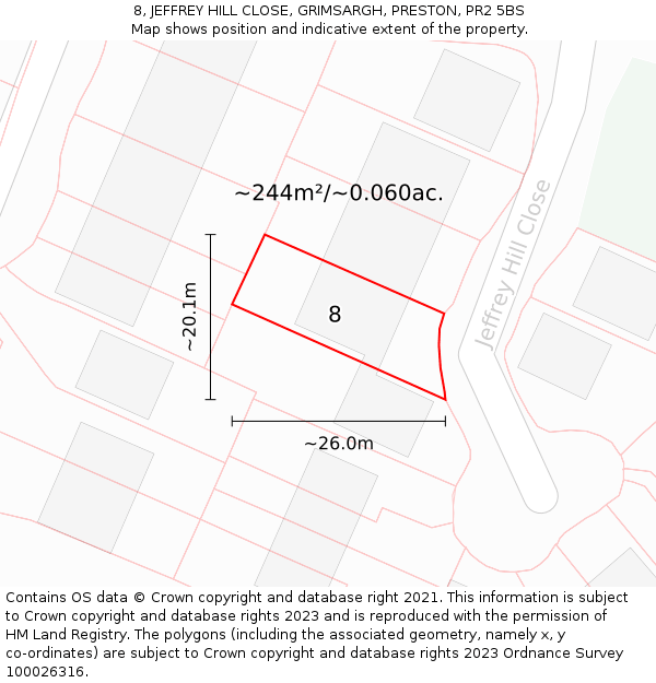 8, JEFFREY HILL CLOSE, GRIMSARGH, PRESTON, PR2 5BS: Plot and title map