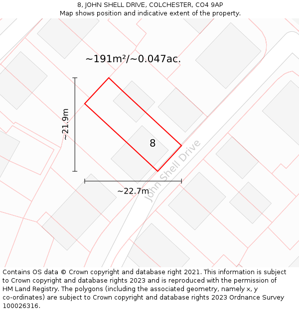 8, JOHN SHELL DRIVE, COLCHESTER, CO4 9AP: Plot and title map