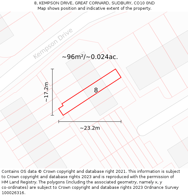 8, KEMPSON DRIVE, GREAT CORNARD, SUDBURY, CO10 0ND: Plot and title map