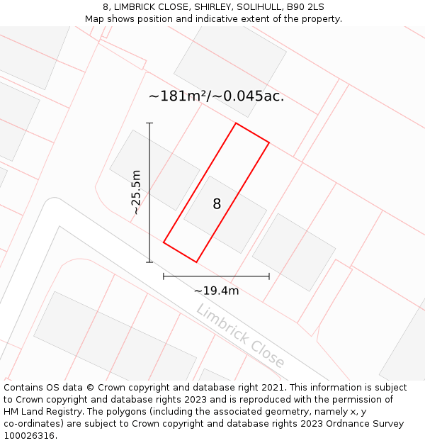 8, LIMBRICK CLOSE, SHIRLEY, SOLIHULL, B90 2LS: Plot and title map