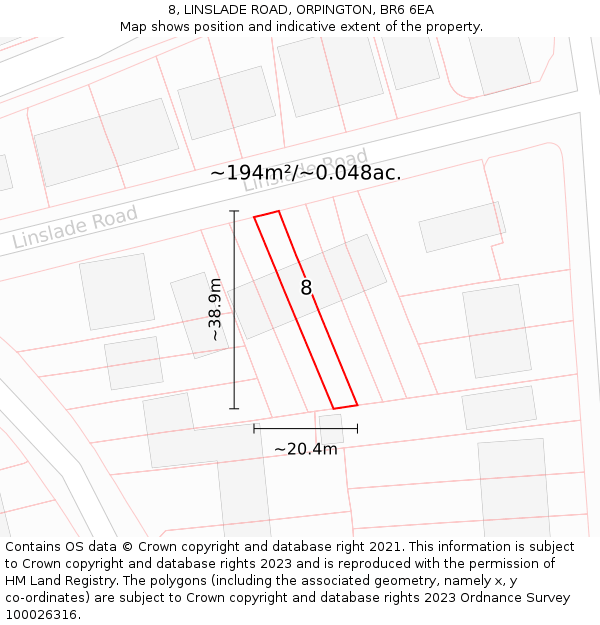8, LINSLADE ROAD, ORPINGTON, BR6 6EA: Plot and title map