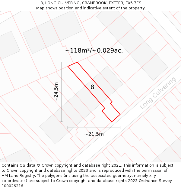 8, LONG CULVERING, CRANBROOK, EXETER, EX5 7ES: Plot and title map
