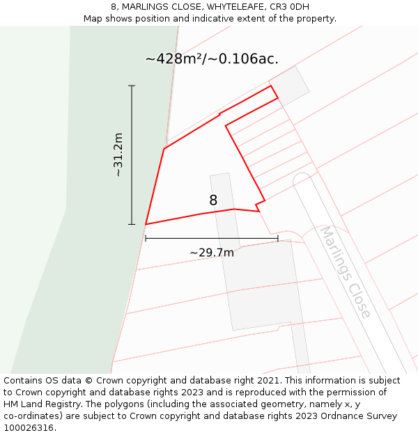 8, MARLINGS CLOSE, WHYTELEAFE, CR3 0DH: Plot and title map