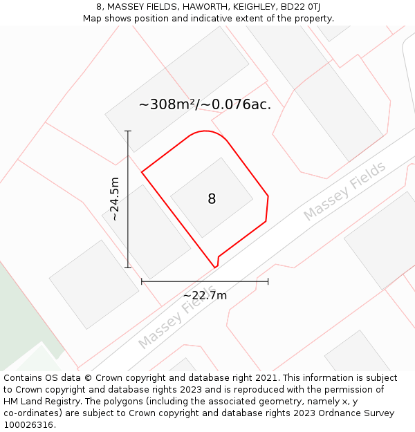 8, MASSEY FIELDS, HAWORTH, KEIGHLEY, BD22 0TJ: Plot and title map