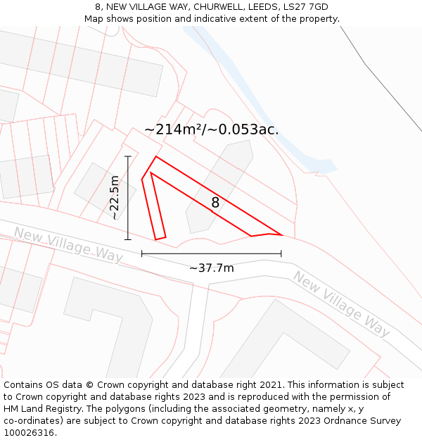 8, NEW VILLAGE WAY, CHURWELL, LEEDS, LS27 7GD: Plot and title map