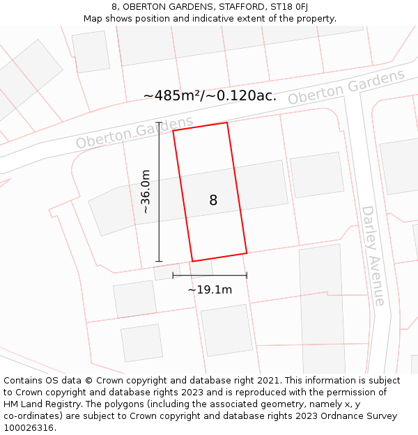 8, OBERTON GARDENS, STAFFORD, ST18 0FJ: Plot and title map