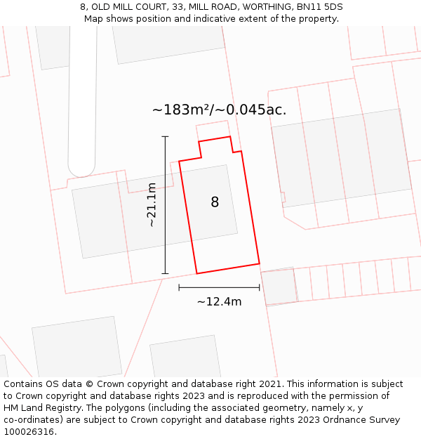 8, OLD MILL COURT, 33, MILL ROAD, WORTHING, BN11 5DS: Plot and title map
