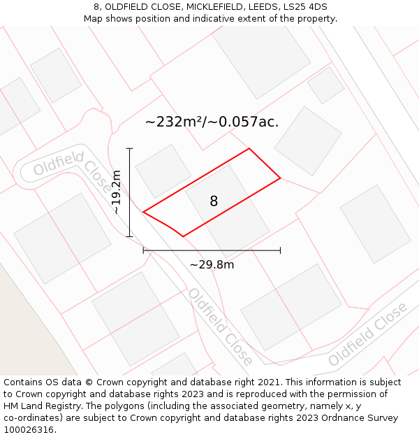 8, OLDFIELD CLOSE, MICKLEFIELD, LEEDS, LS25 4DS: Plot and title map