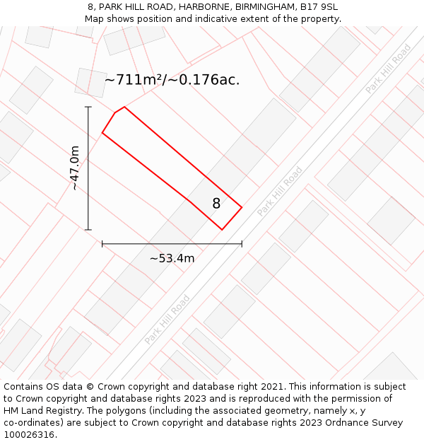 8, PARK HILL ROAD, HARBORNE, BIRMINGHAM, B17 9SL: Plot and title map