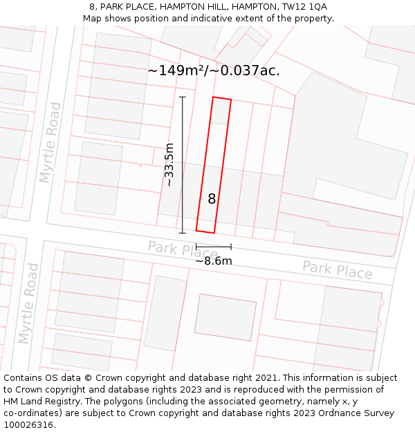 8, PARK PLACE, HAMPTON HILL, HAMPTON, TW12 1QA: Plot and title map