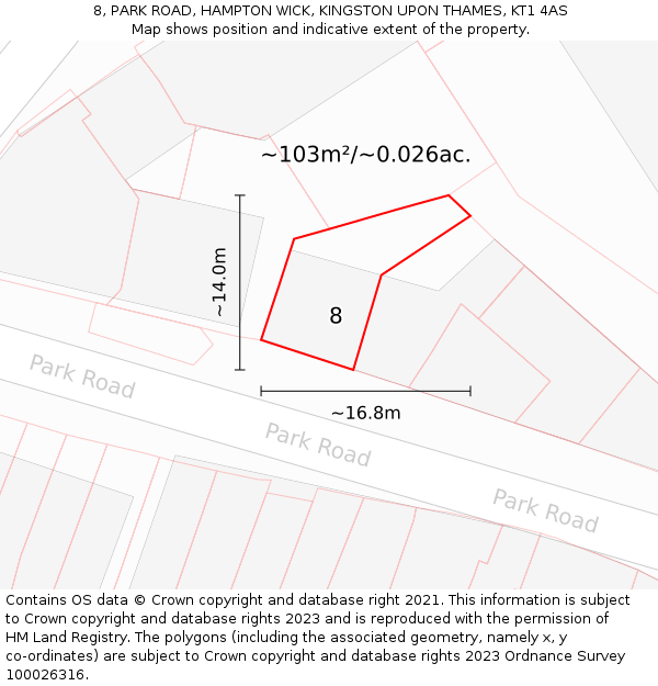 8, PARK ROAD, HAMPTON WICK, KINGSTON UPON THAMES, KT1 4AS: Plot and title map