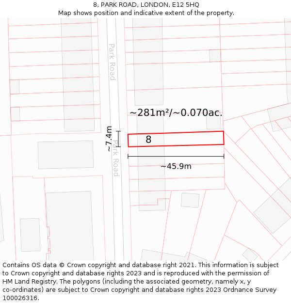 8, PARK ROAD, LONDON, E12 5HQ: Plot and title map