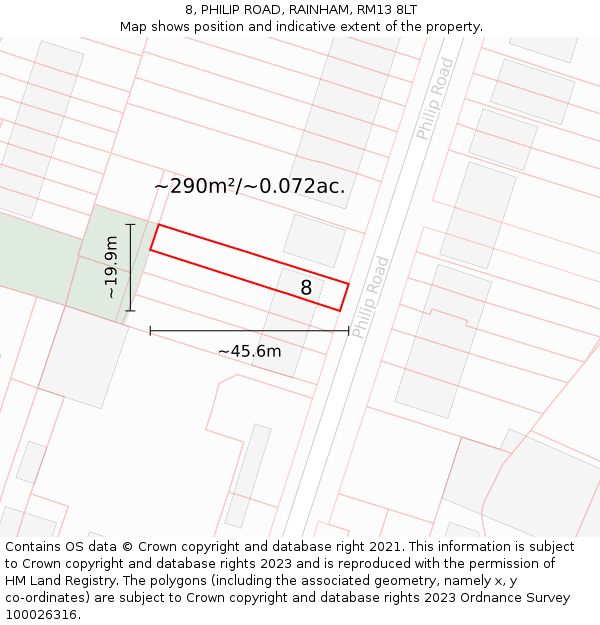 8, PHILIP ROAD, RAINHAM, RM13 8LT: Plot and title map