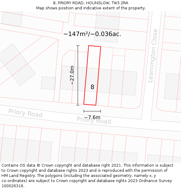 8, PRIORY ROAD, HOUNSLOW, TW3 2RA: Plot and title map
