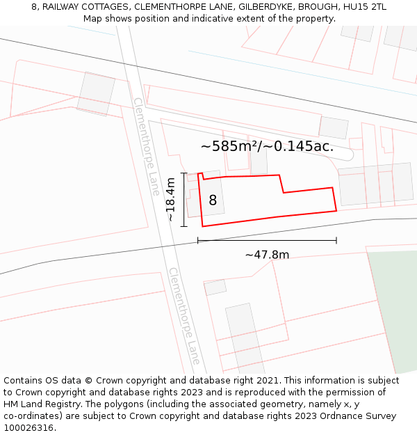 8, RAILWAY COTTAGES, CLEMENTHORPE LANE, GILBERDYKE, BROUGH, HU15 2TL: Plot and title map