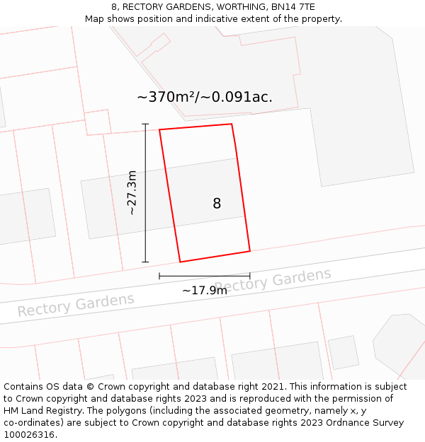 8, RECTORY GARDENS, WORTHING, BN14 7TE: Plot and title map