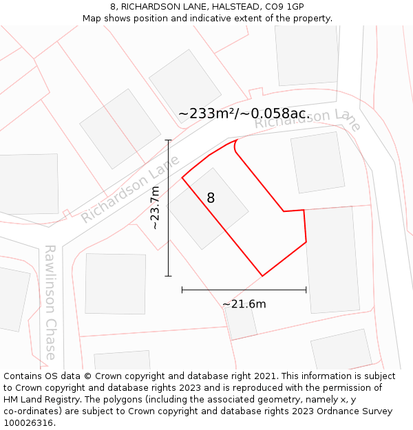 8, RICHARDSON LANE, HALSTEAD, CO9 1GP: Plot and title map