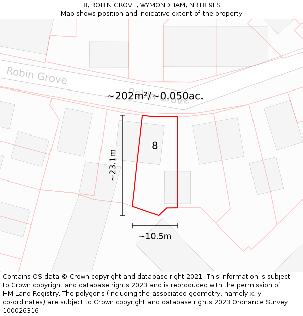 8, ROBIN GROVE, WYMONDHAM, NR18 9FS: Plot and title map