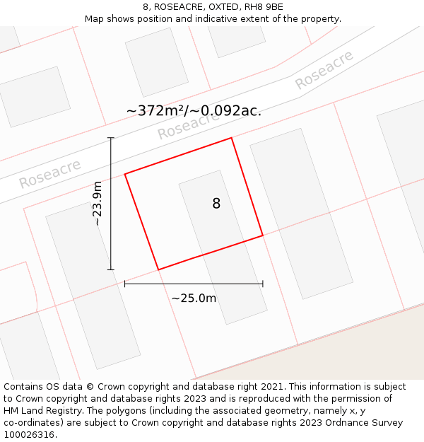 8, ROSEACRE, OXTED, RH8 9BE: Plot and title map