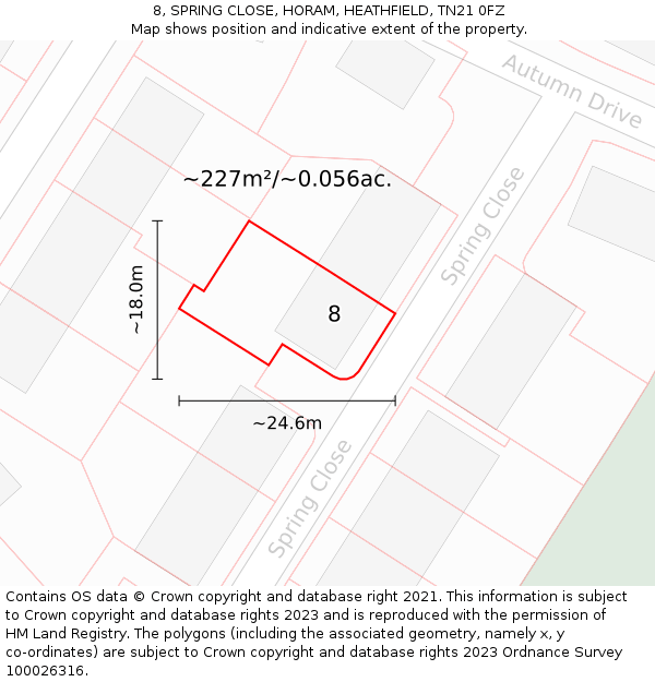 8, SPRING CLOSE, HORAM, HEATHFIELD, TN21 0FZ: Plot and title map