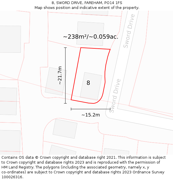 8, SWORD DRIVE, FAREHAM, PO14 1FS: Plot and title map