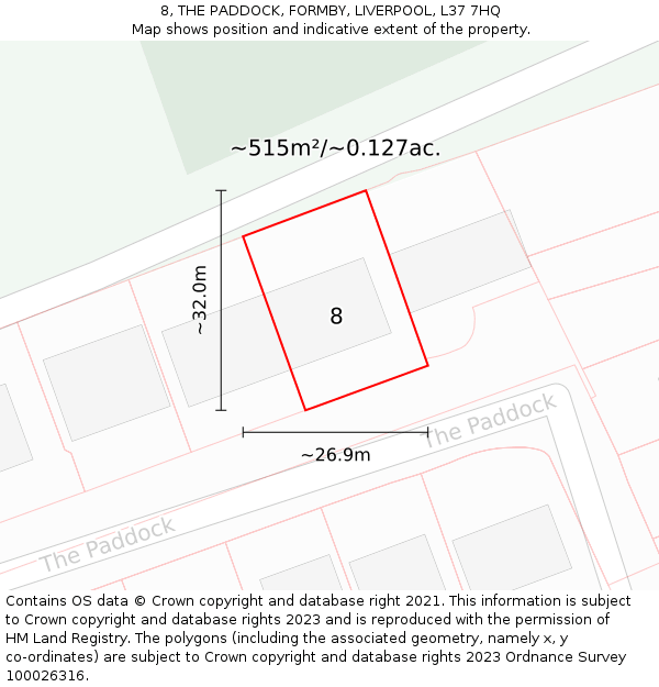 8, THE PADDOCK, FORMBY, LIVERPOOL, L37 7HQ: Plot and title map