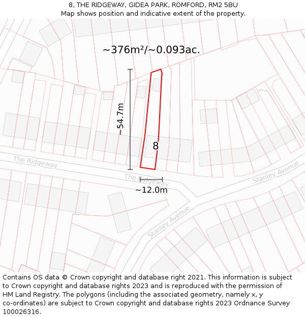 8, THE RIDGEWAY, GIDEA PARK, ROMFORD, RM2 5BU: Plot and title map
