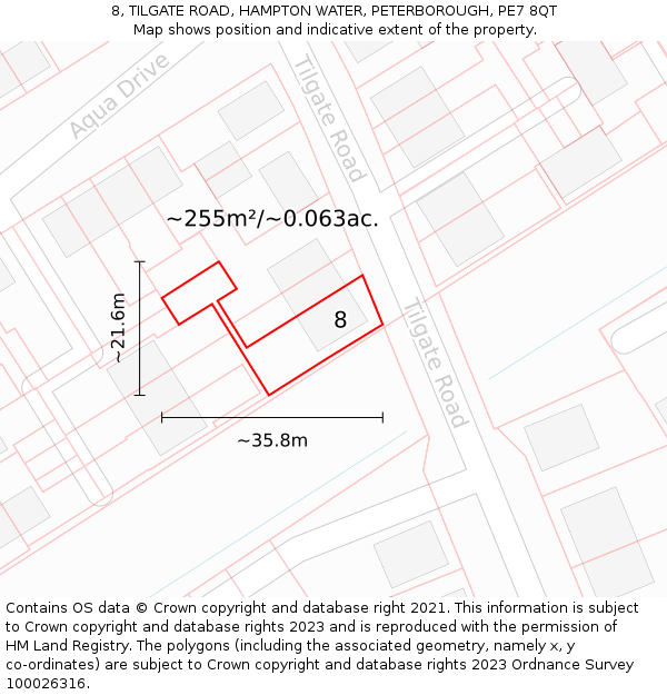 8, TILGATE ROAD, HAMPTON WATER, PETERBOROUGH, PE7 8QT: Plot and title map