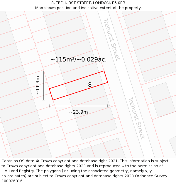 8, TREHURST STREET, LONDON, E5 0EB: Plot and title map