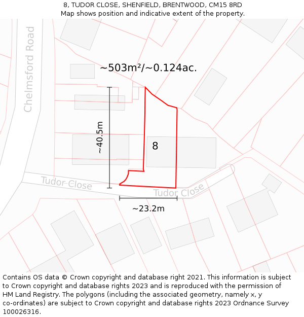 8, TUDOR CLOSE, SHENFIELD, BRENTWOOD, CM15 8RD: Plot and title map