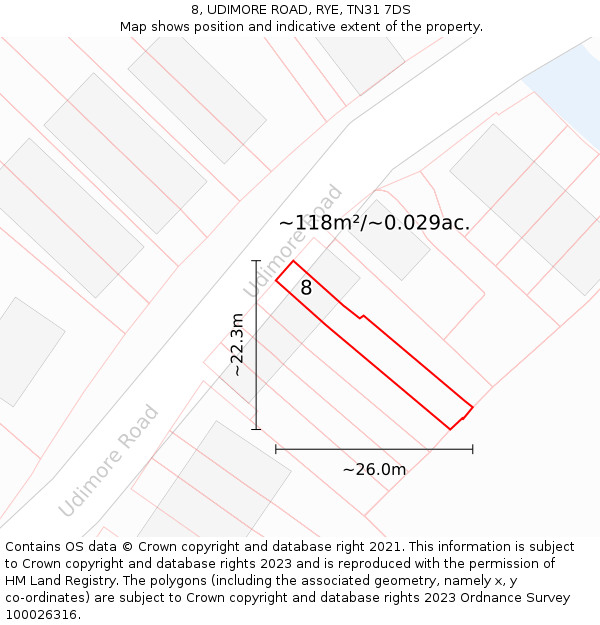 8, UDIMORE ROAD, RYE, TN31 7DS: Plot and title map