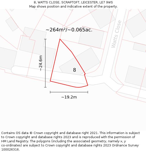 8, WATTS CLOSE, SCRAPTOFT, LEICESTER, LE7 9WS: Plot and title map