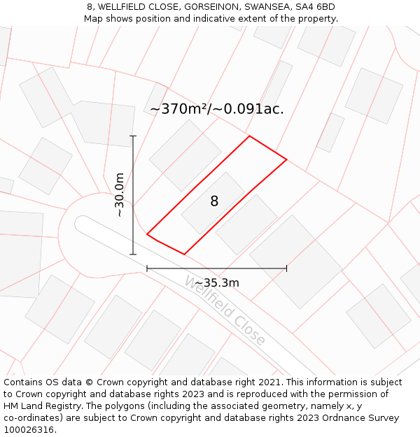 8, WELLFIELD CLOSE, GORSEINON, SWANSEA, SA4 6BD: Plot and title map