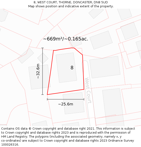 8, WEST COURT, THORNE, DONCASTER, DN8 5UD: Plot and title map