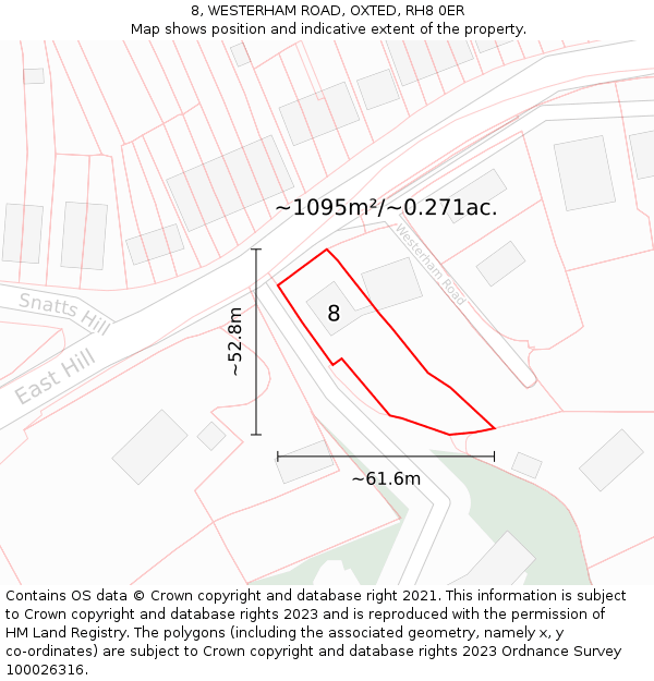 8, WESTERHAM ROAD, OXTED, RH8 0ER: Plot and title map