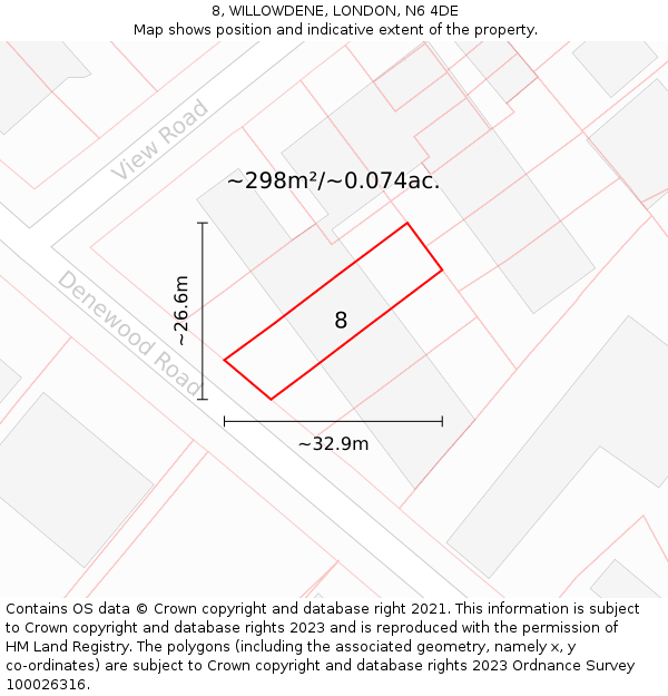 8, WILLOWDENE, LONDON, N6 4DE: Plot and title map