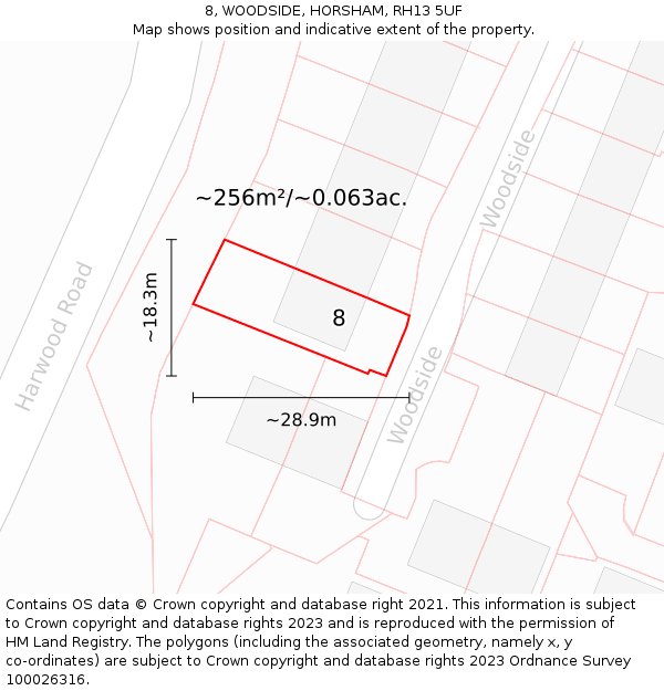 8, WOODSIDE, HORSHAM, RH13 5UF: Plot and title map