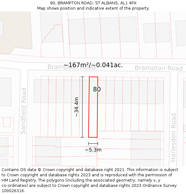 80, BRAMPTON ROAD, ST ALBANS, AL1 4PX: Plot and title map