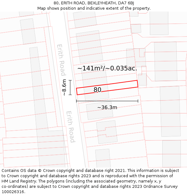 80, ERITH ROAD, BEXLEYHEATH, DA7 6BJ: Plot and title map