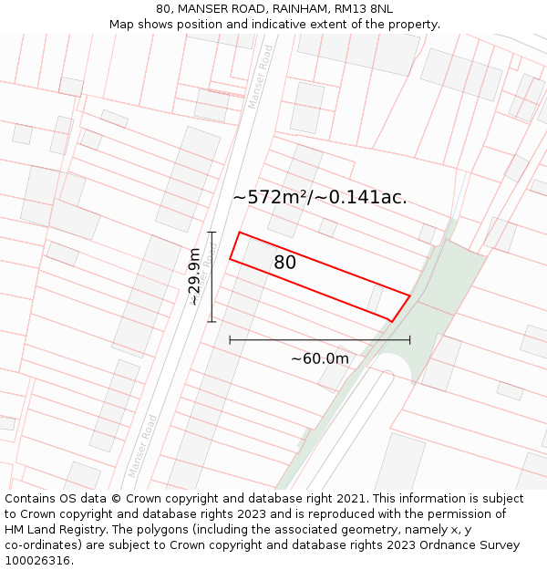 80, MANSER ROAD, RAINHAM, RM13 8NL: Plot and title map