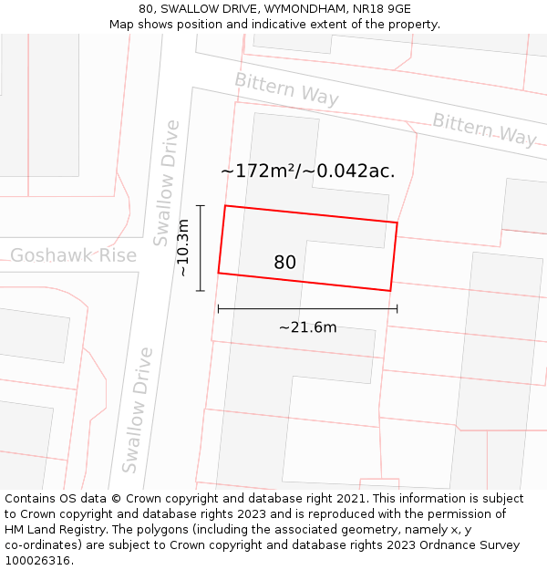 80, SWALLOW DRIVE, WYMONDHAM, NR18 9GE: Plot and title map